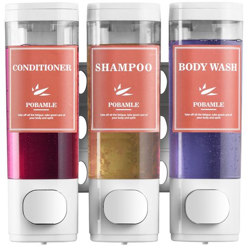 Shampoo and Conditioner Dispenser Wall Mounted Shower Soap Dispenser No Drill Shampoo Dispenser for Shower 3 Chamber Bathroom Body Wash Shower Gel Holder White