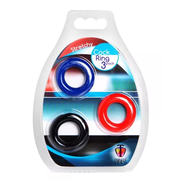 Trinity Vibes Stretchy Cock Ring 3 Pack. Red Blue and Black