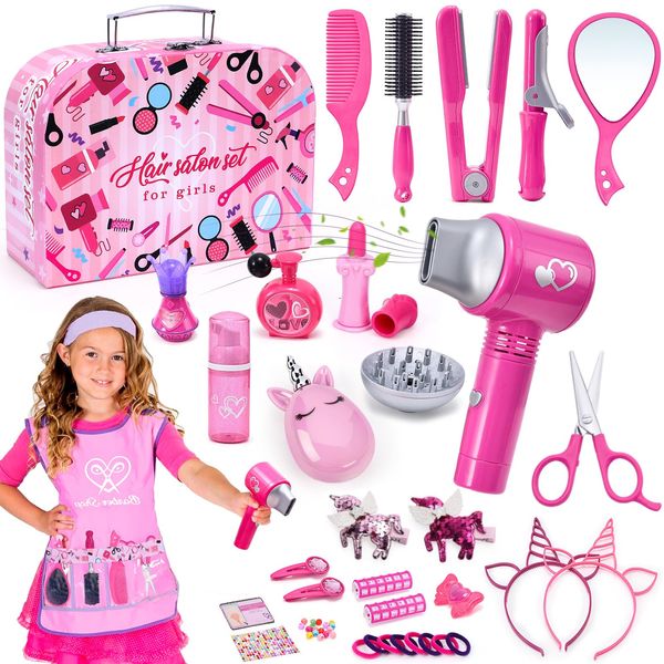 Lorfancy 49 Pcs Hair Salon Girls Toys Kids Pretend Play Makeup Sets Toddler Dress Up Beauty Hair Stylist Kit with Hairdryer Apron Curling Flat Iron Mirror Scissors Accessories Girl Birthday Gifts