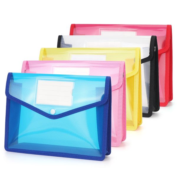 WWW A5 Plastic File Folders,A5 Envelope Expanding File Wallet Document Organizer with Snap Closure & Label Pocket,Waterproof File Pouch(5 Pack -5 Colors)