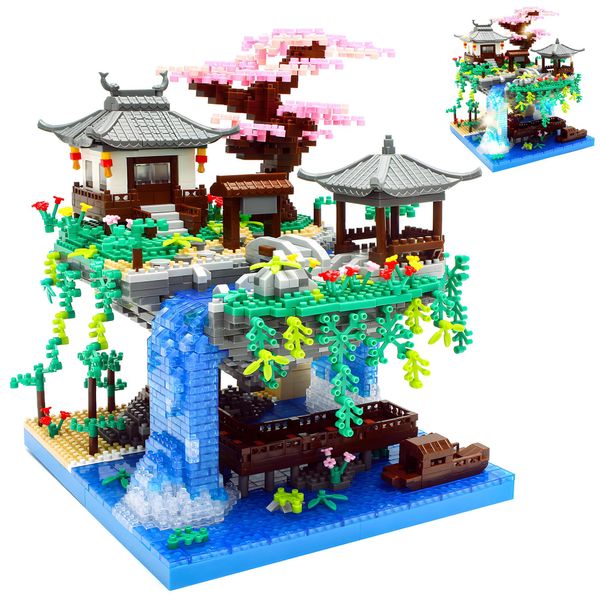 Nedeurs Peach Blossom Lake Building Blocks Micro Building Set, Tranquil Garden with Flowers and Lights, A Floating Architecture Model Kit for Home or Office- 2705 PCS