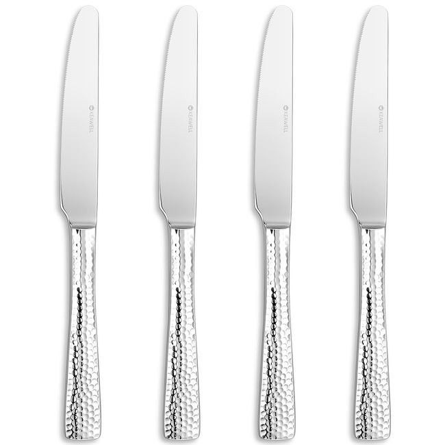 KEAWELL Premium 9.5" Louis Dinner Knives, Set of 4, Stainless Steel Dishwasher Safe, Serrated Knives (Hammered)