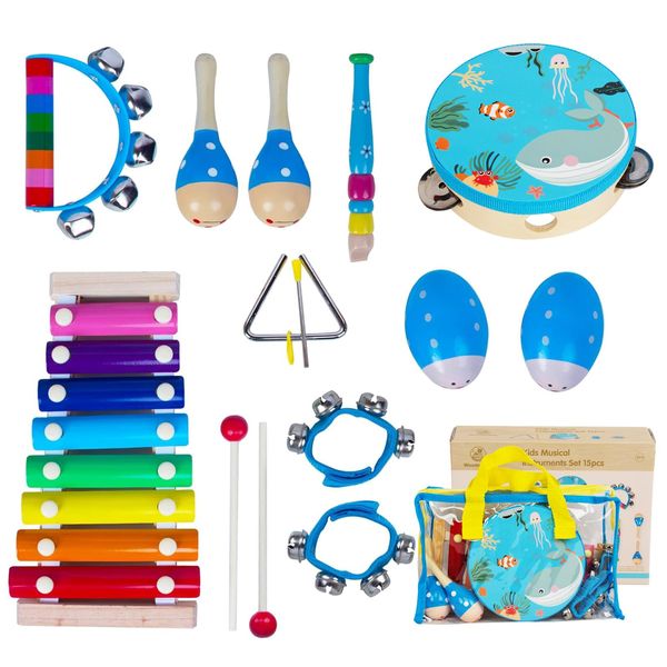 Wooden Musical Instruments Set for Toddlers 1-3, Natural Wood Percussion Instruments Xylophone Gift Set for Girls Boys Kids ,Preschool Educational Musical Toys with Storage Bag