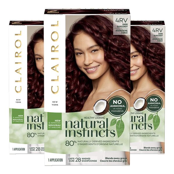 Clairol Natural Instincts Semi-Permanent Hair Dye, 4RV Dark Burgundy Hair Color, 3 Count