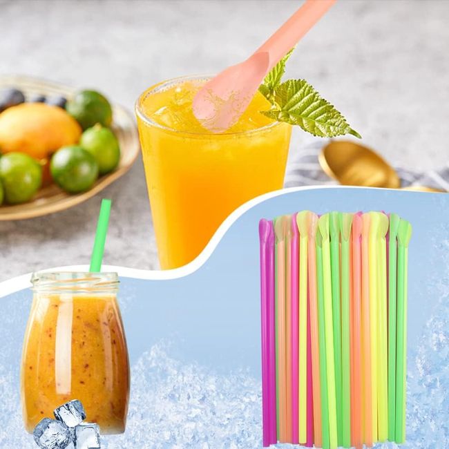 Aihenzong 100 Stück Löffel Trinkhalme, Strohhalme Löffel Wiederverwendbare, Bunt Slushy Strohhalme für Smoothie, Cocktails, Milch