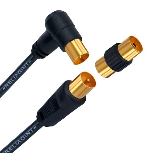 RELIAGINT TV Aerial Cable 2m – Pure Copper TV Coaxial Cable with Dual Shielding for Strong Signal – Straight or Right-Angle – Female-to-Female Adaptor Included – Fire-Resistant Aerial Connectors