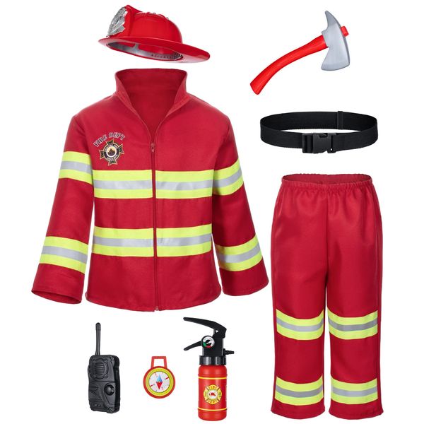 Kid's Fireman Firefighter Costume Toys with Complete Accessories for Boys and Girls Birthday Halloween Party Dress Up Red 3T 4T