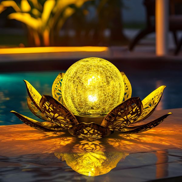 GIGALUMI Solar Lights Outdoor Garden Decor, Adjustable Metal Petal Lotus Flower Lights Crackle Globe Glass Lantern Outdoor Table Decor Waterproof for Patio, Lawn, Pathway, Pond, Christmas Gift