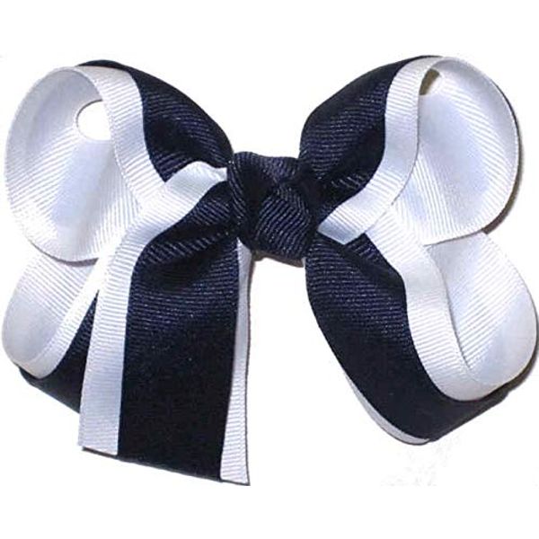 SB-107M Medium School Hair Bow White and Navy