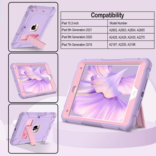 LTROP Case for iPad 9th 8th 7th Generation 10.2-Inch (2021/2020/2019) - Rugged Shockproof Protective Cover with Kickstand for iPad 9 8 7 Gen for Kids, Purple/Pink