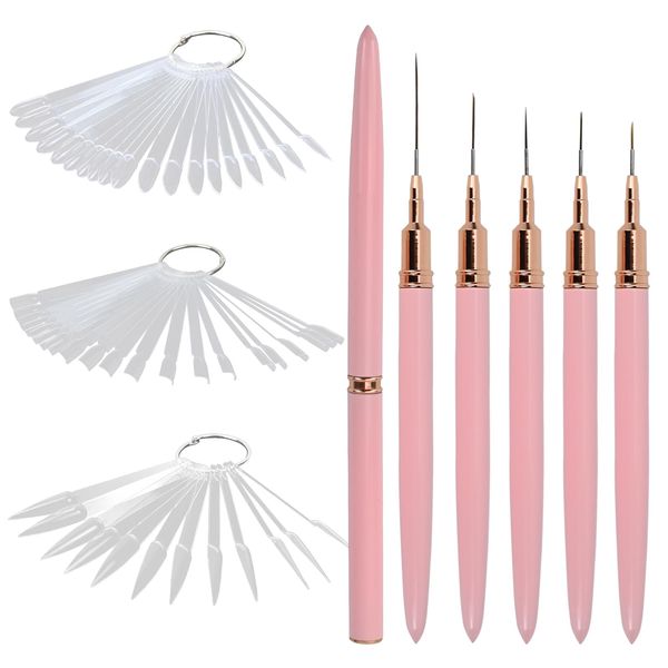 LHOEST 55 PCS nail art brush set, 5 thin nail brushes and 50 nail display set, acrylic gel brushes for nails, gel nails, nail art brushes for nail design nail accessories (7/9/11/15/25 mm)