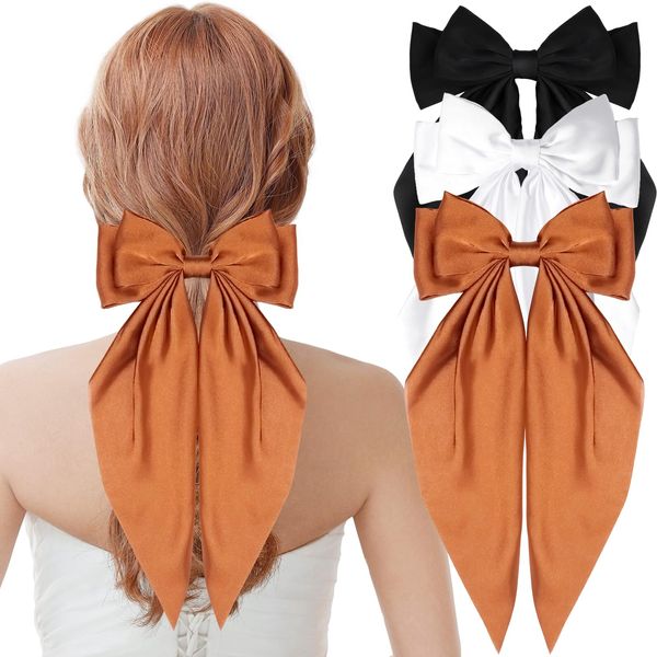 3Pcs Silky Satin Hair Bows Clips for Women White Hair Bow Black Hair Bow Brown Hair Bow Hair Ribbons Oversized Long Tail Hair Barrettes Metal Clips for Girls Teens Hair Accessories