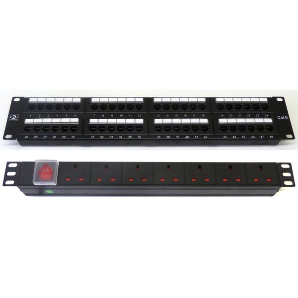 Cat 6 19" 48 Port Patch Panel + 7 Way Power Unit Comms Rack Data Network Cabinet