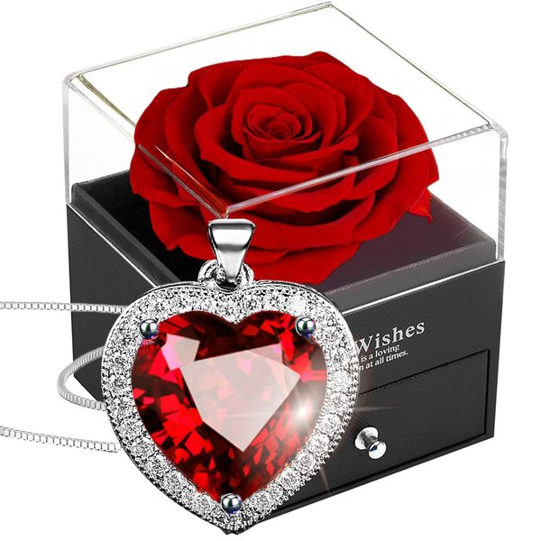 Preserved Real Rose with Crystal Necklace,Forever Red Rose with Women Heart Necklace,925 Sterling Silver Ruby Birthstone Pendant in Eternal Rosebox,Infinity Rose Gift for Her On Christmas valentine