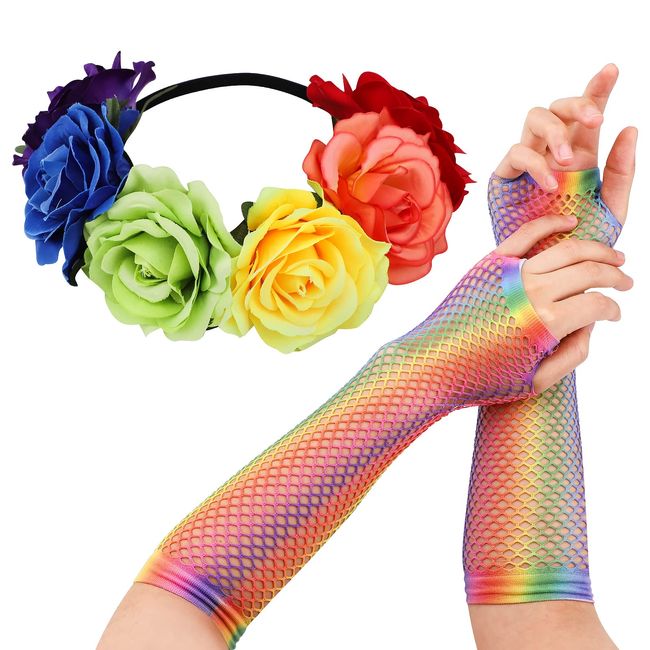 LGBT Gay Pride Zubehör Blumenkrone Stirnband mit Regenbogennetzhandschuhen Hawaiian Stretch Blumenstirnband Kostümzubehör Kostüm für Frauen und Mädchen