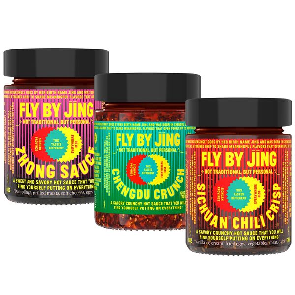 FLYBYJING Variety Pack w/Sichuan Chili Crisp, Zhong Sauce & Chengdu Crunch, All Natural & Vegan, Perfect Hot Sauce Gift for Foodies, 6oz (3 Pack)