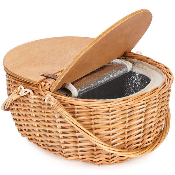 Wicker Picnic Basket with Removable Liner, Empty Picnic Baskets with Lid, Vintage-Style Picnic Hamper with Folding Woven Handle for Picnic, Camping, Outdoor, Halloween, Thanks Giving (White W/Cooler)