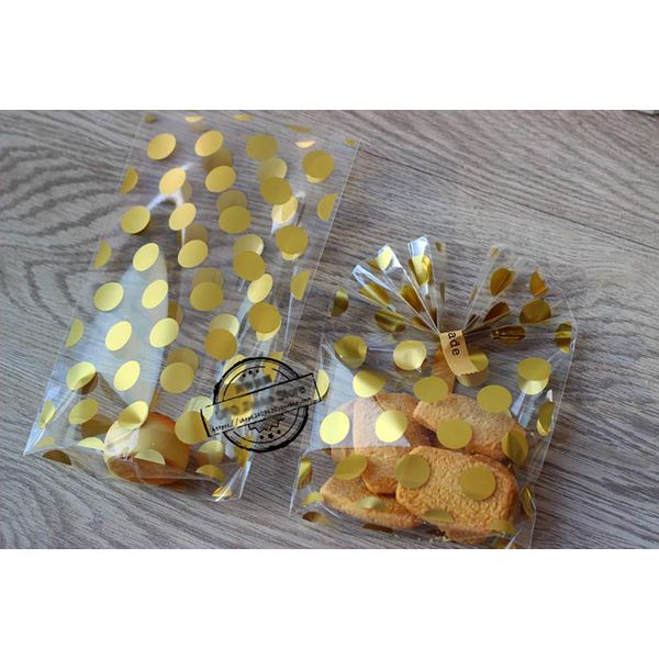 100 Pack Gold Polka Dot Candy Bags with 100Pcs Gold Metallic Twist Ties, Clear Plastic Treat Bags for Cookie Candy Snack Gift Wrapping Party Favor - 5.1'' by 8.2'' by 1.5''