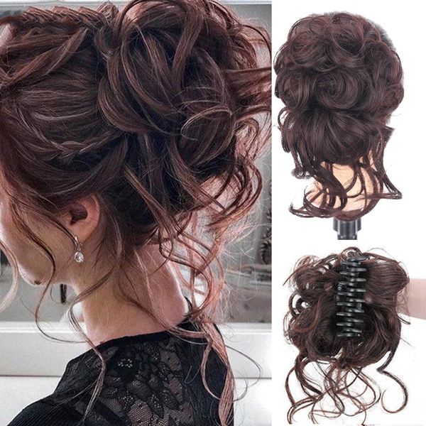 Long beard ball head wig bun grab clip Fluffy natural scrunchie bridal cocktail hairpin,Messy Hair Bun Extensions Curly Wavy Hair Scrunchies,claw Clip Messy Bun Hairpiece (Dark brown)