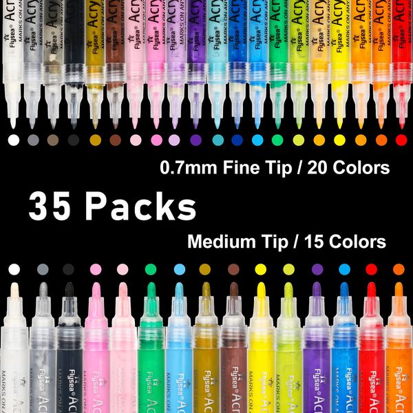 35 Premium Acrylic Paint Marker Pens, Double Pack of Both Extra Fine and Medium Tip, for Rock Painting, Mug, Ceramic, Glass, Wood, Fabric, Canvas, Metal, Pumpkin, DIY Crafts Making Art Supplies