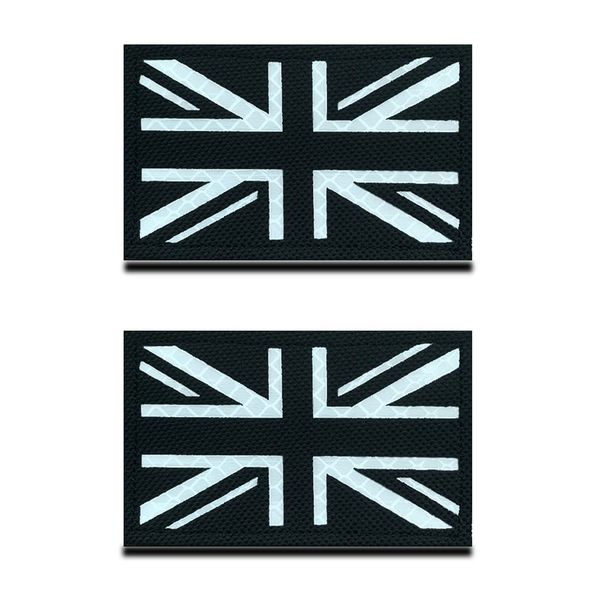 2 Pcs Reflective Great British Union United Kingdom UK Patch Infrared IR National Morale Badge Tactical Military Army Uniform Fastener Emblem for Backpack Hat Jacket Vest Biker Travel (Black)