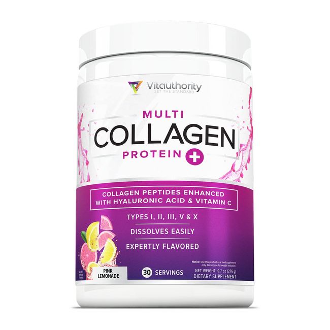 Multi Collagen Peptides Powder for Women and Men - Instant Dissolving Grass Fed Hydrolyzed Collagen Powder Drink Mix for Beautiful Hair Skin and Nails with Hyaluronic Acid and Vitamin C