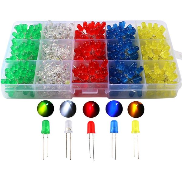 CESFONJER 5mm Light Emitting Diode, 5 Color Diode Set, Diffused 2 Pin Round Color White/Red/Yellow/Green/Blue Kit Box (5 Colors x 100 Pieces)