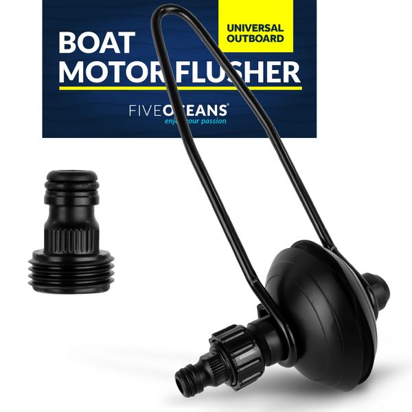 Five Oceans Outboard Motor Muffs, Universal Outboard Motor Flusher, Black PVC Marine Grade Round Muffs, Coated Steel Bracket, Includes Garden Hose Connector and Quick Connect Adapter - FO1871