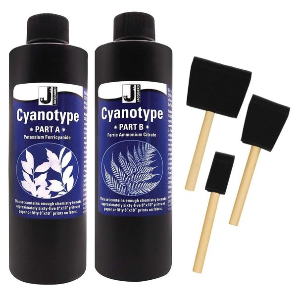 Jacquard Cyanotype Sensitizer Set of 2 Cyanotype Chemicals for Photographic Blueprints on Paper and Fabric with 3 Foam Sponge Brushes