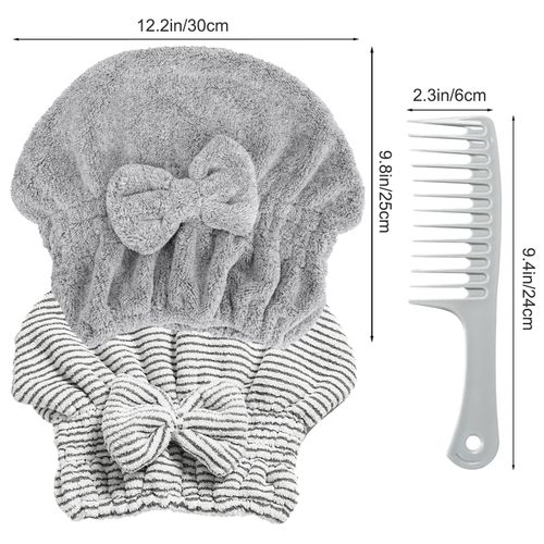 HMIEPRS 2 Pack Microfiber Hair Towel Cap, Quick Drying Cap Soft Absorbent Towel and 2 Combs for Curly Long Thick Dry or Wet Hair (Stripe and Gray)