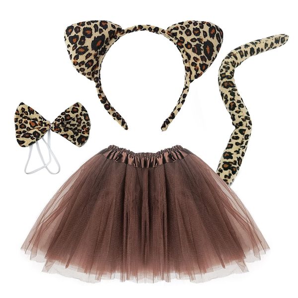 TSHAOUN 4 Pcs leopard ears headband Set Include Animal Tutu Skirt Costume Ears Tail Bow Tie for Toddler Kids Halloween Fancy Dress Up Birthday Costume Accessories (Leopard)