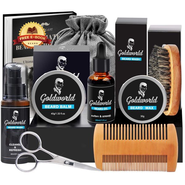 Beard Kit,Beard Growth Kit,Beard Grooming Kit w/2 Packs Beard Wash/Shampoo,Beard Growth Oil,Beard Balm,Beard Wash,Brush,Comb,Scissor,Storage Bag,E-Book,Beard Care & Trimming Kit Gifts for Men Him