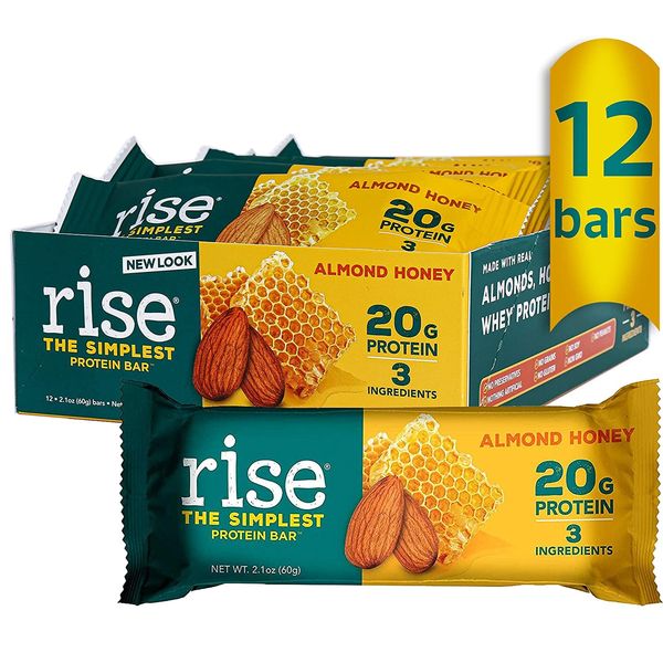 Rise Whey Protein Bars - Almond Honey | Healthy Breakfast Bar & Protein Snacks, 20g Protein, 4g Fiber, Just 3 Whole Food Ingredients, Non-GMO Healthy Snacks, Gluten-Free, Soy Free Bar, 12 Pack