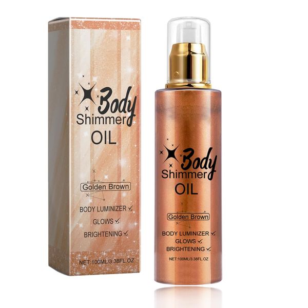 Golden Brown Shimmer Body Oil - Body Shimmer Oil for Body & Face - Natural Body Glow Oil - Waterproof Highlighter Body Luminizer Shimmering Oil - Non-sticky Shimmer Moisturiser (100ml)