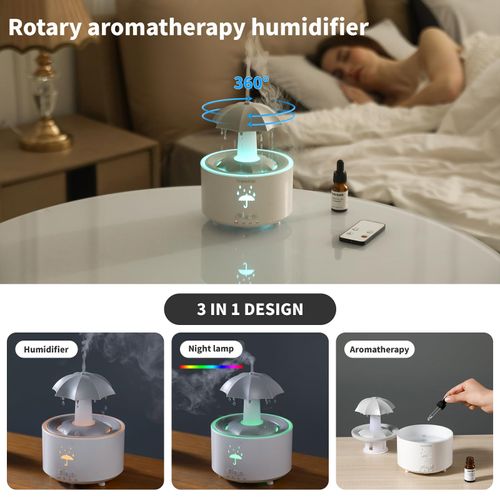Humidifiers for Bedroom,Aromatherapy Essential Oils Diffuser,Quiet Ultrasonic Clouds and Cool Mist Humidifier, 7 Colors Breathing LED Light,Rotating Umbrella Rain Drops,Ideal Holiday Gifts for Home