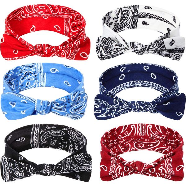 6 Pieces Paisley Headbands Boho Bow Bandana Knot Headwrap Retro Flower Printed Elastic Rabbit Ear Hairband for Girls and Women（Paisley style 2）