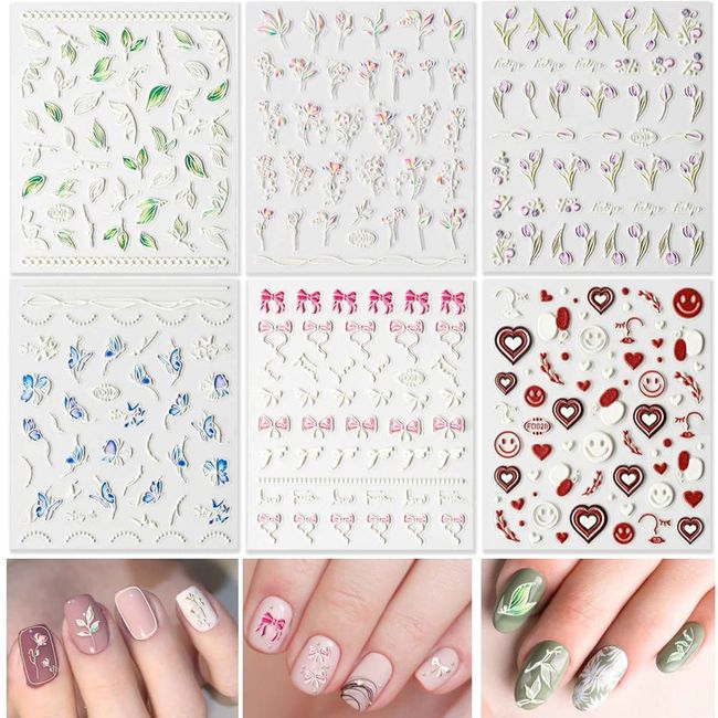 Turkalla 5D Nail Stickers, Set of 6, Lace Flower Stickers, Carved, See-through, 3D Feel, Gel Nails, White, Decal, Just Stick On, DIY, Flower Art, Decoration, Flower Stickers, Nail Decorations, Sheer, Nail Parts, Floral Pattern (G)