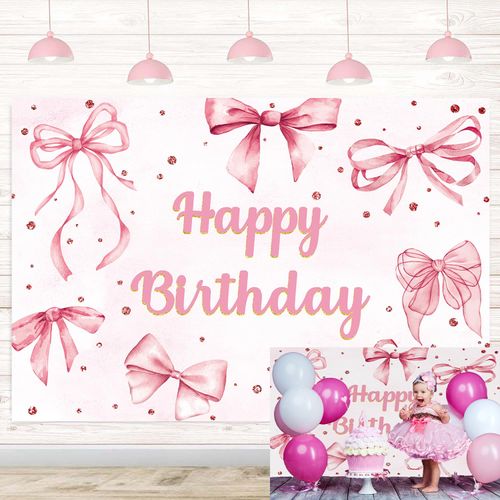 Pink Bow Happy Birthday Backdrop Coquette Birthday Party Photography Background for Girls Women Cute Bachelorette Party Baby Shower Decoration Banner (94X70 inch (8x6FT))
