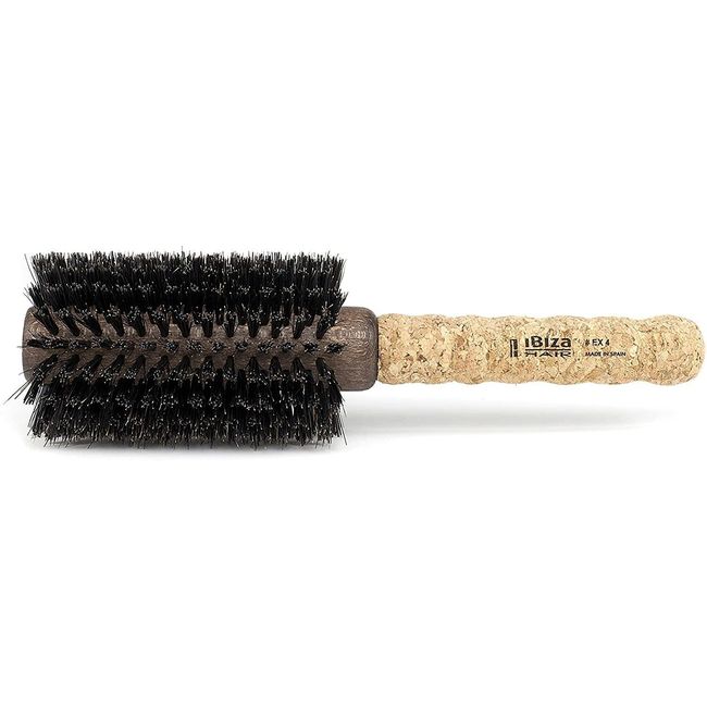 Ibiza Hair EX4 - Large Round Brush with Extended Cork Handle, Black Bristles