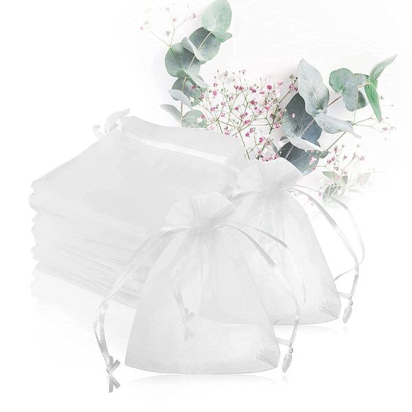 Magicfour Organza Drawstring Bags, 50 Pieces, Wrapping Bags, Small Gift Bags, Cute, Plain, Transparent, Sachets, Potpourri Sachets, Birthday Weddings, Christmas, Halloween, Petite Gifts, Sweets, Small Portions (White)