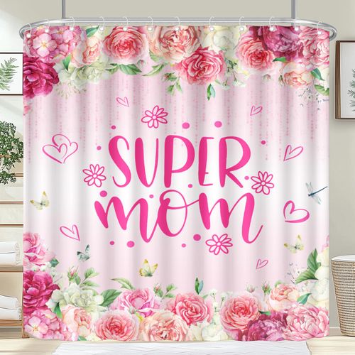 farg 72x72 Inch Mothers Day Shower Curtain Mom Floral Rose Bath Curtains Set Pink Carnation Water Repellent Fabric Shower Curtains for Bedroom Livingroom Bathroom Decor with Hooks