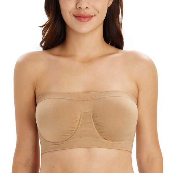 DotVol Women's Comfort Floral Lace Bandeau Wire Strapless Bras Stretchy Tube Top Bra(Beige,L)