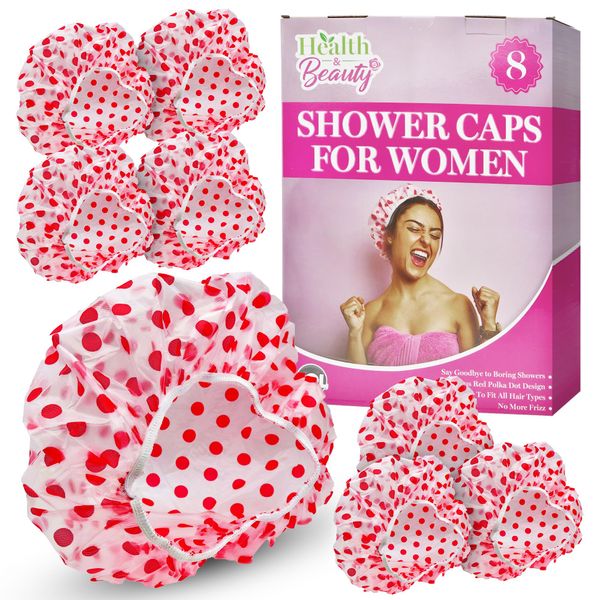 8pk Red Polka Dot Disposable Shower Caps for Women UK | Shower Cap Men, Shampoo Shower Caps for Women, Shower Cap for Long Hair, Men Shower Cap Waterproof, Bath Hat Plastic Shower Cap