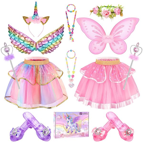 Chillife Princess Dress Up for Girls 4-6 Toddler Dress Up Clothes with Tutu, Wings, Shoes, Jewelry, Headband Girls Toys for Ages 3-6 year old Christmas Halloween Birthday Gift Toys