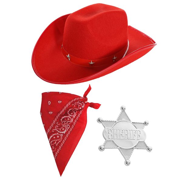 Childs Cowboy Accessory Set - Red Star-Studded Cowboy Hat, Red Paisley Bandana, Silver Sheriff Badge - Kids 3-Piece Cowboy Ranger Sheriff Fancy Dress Costume Accessory Set