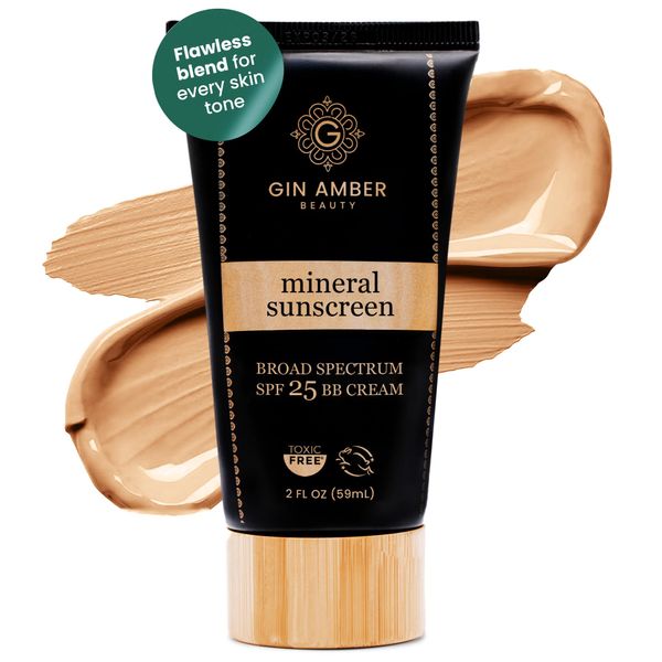 Gin Amber Beauty Mineral Tinted SPF 25 - Toxic Free Face Sunscreen and BB Cream for Women with Sensitive Skin - Revolutionary Zinc Oxide Formula - Improves Fine Lines and Uneven Skin Tone