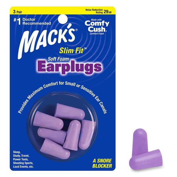 Mack's Slim Fit Soft Foam Earplugs, 3 Pair - Small Ear Plugs for Sleeping, Snoring, Traveling, Concerts, Shooting Sports & Power Tools