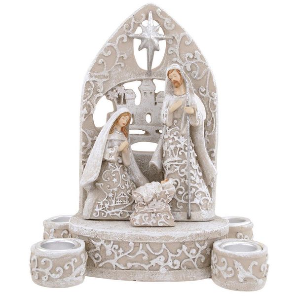 Holy Family Ivory Lace Nativity Scene 7 Inch Resin Dolomite Advent Candle Holder