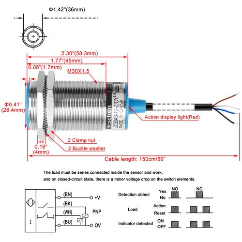 Heschen M30 Capacitive Proximity Sensor Switch, Shield Type, LJC30A3-10-Z/CY, Detection 1-10mm, 10-30VDC 200mA, PNP NO+NC, 4 Wire