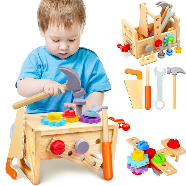 Mgtfbg Kids Tool Set - 29 PCS Wooden Toddler Tool with Box, Montessori STEM Educational Pretend Play Construction Toy for 2 3 4 5 6 Year Old Boys Girls, Best Birthday Gift